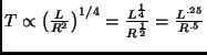 $T\propto\left(\frac{L}{R^2}\right)^{1/4}=\frac{L^{\frac{1}{4}}}{R^\frac{1}{2}}=
\frac{L^{.25}}{R^{.5}}$