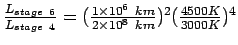 $\frac{L_{stage~6}}{L_{stage~4}}=(\frac{1\times10^6~km}{2\times10^8~km})^2(\frac{4500K}{3000K})^4$
