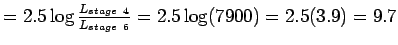 $=2.5\log{\frac{L_{stage~4}}{L_{stage~6}}}=2.5\log(7900)=2.5(3.9)=9.7$