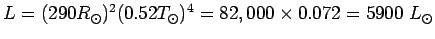 $L=(290 R_{\odot})^2(0.52 T_{\odot})^4=82,000\times 0.072=5900~L_{\odot}$